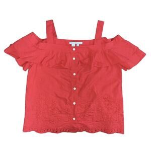 Draper James Cold Shoulder Blouse Size 4 Red Ruffles Embroidered Eyelet Trim EUC